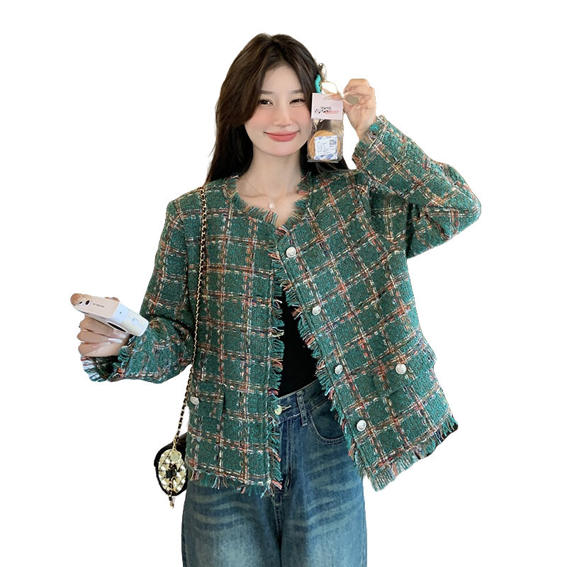 绿色格纹粗花呢小香风外套女秋季2025新款韩版气质显瘦显高短上衣,女装短外套,2C066