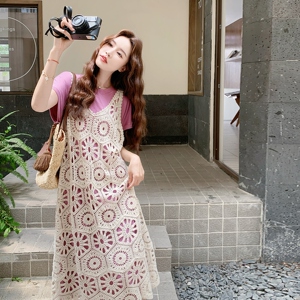 多巴胺绝美粉色连衣裙女2025夏季减龄叠穿蕾丝镂空吊带长裙两件套图片