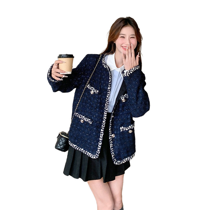 藏青色名媛小香风外套女2025秋季新款韩系复古气质显瘦粗花呢上衣,女装短外套,2C066