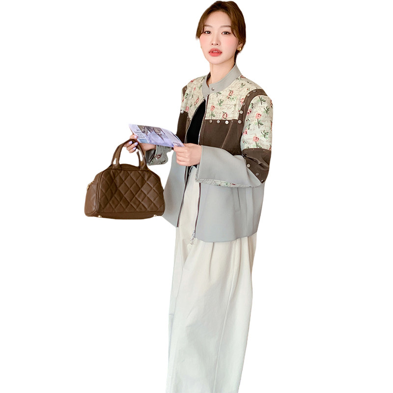 复古碎花拼接小香风短外套女2025秋季新款独特别致小个子立领夹克,女装短外套,2C066