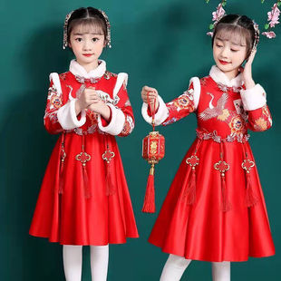 儿童汉服女童冬装中国风连衣裙拜年服女宝加厚加绒过年童装拜年服