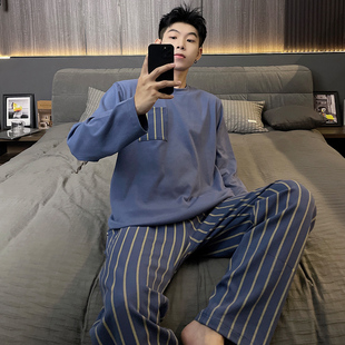 睡衣男秋纯棉长袖春秋季青中年男士休闲可外穿薄款家居服两件套装