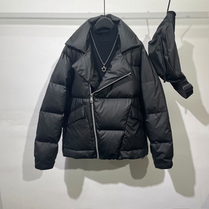 斜拉链羽绒服男冬季潮牌设计款暗黑复古翻领工装90绒加厚保暖外套