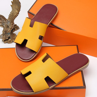 邦家尼欧洲站真皮男拖鞋一字拖印花嘻哈男鞋沙滩凉拖鞋平底B 695