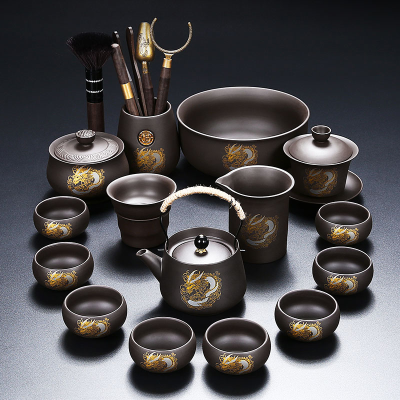 龙纹紫砂功夫茶具套装新款家用防烫提梁茶壶茶杯泡茶客厅办公整套