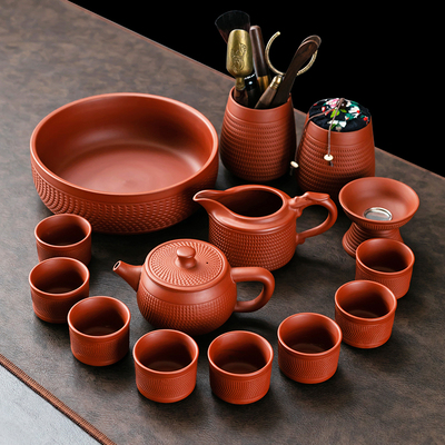朱泥跳刀功夫茶具套装家用新款紫砂盖碗茶壶茶杯泡茶专用茶具整套