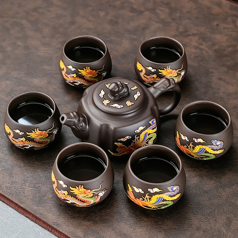 朱泥功夫茶具遇热变色貔貅壶茶杯子轻奢高档家用新款紫砂茶具套组