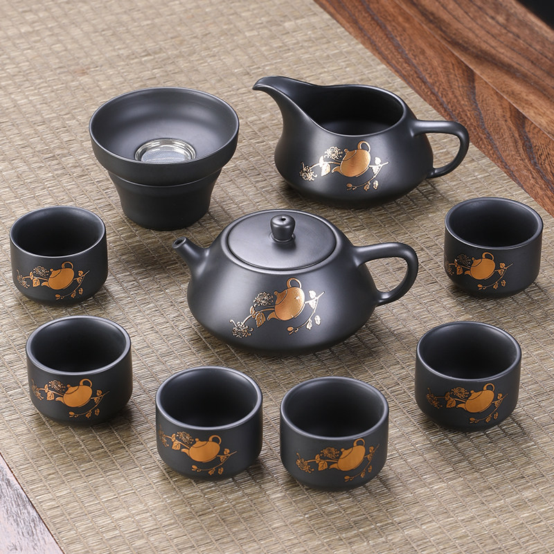 黑泥紫砂功夫茶具套装高端鎏金整套家用2026新款泡茶壶茶杯礼盒装