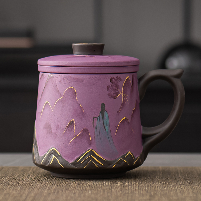 山水佳人紫砂办公杯大容量陶瓷喝茶杯带内胆过滤水杯个人专用杯子