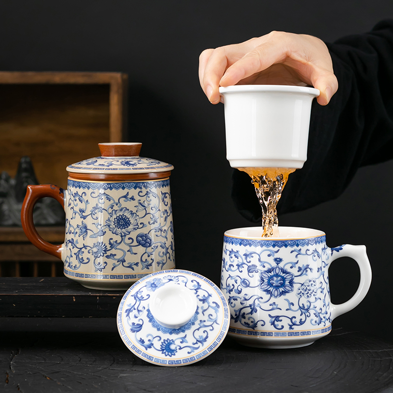 青花茶水分离茶杯陶瓷马克杯带过滤泡茶杯描金满花珐琅彩办公水杯