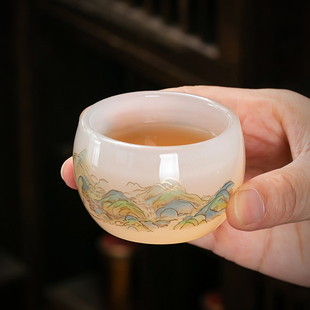 千里江山琉璃茶杯玉瓷品茗杯单杯主人专用杯高档家用男女士水杯子