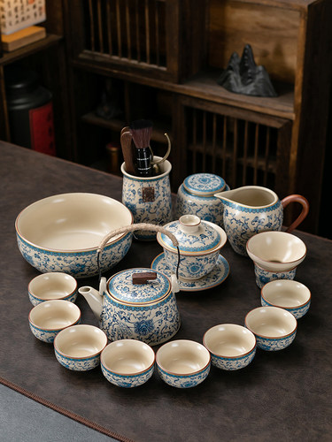 米色汝窑茶具套装家用青花缠枝莲提梁壶盖碗功夫茶盘会客泡茶中式