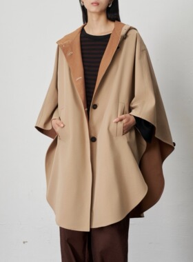 PIECE MIND双面色织挺阔感浅驼色连帽宽松中长款斗篷外套
