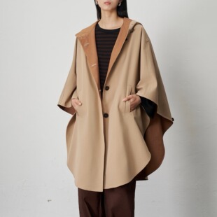 PIECE MIND双面色织挺阔感浅驼色连帽宽松中长款斗篷外套