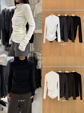 【LIMO】冬新款爆款4色中高领褶皱收腰长袖T恤5946