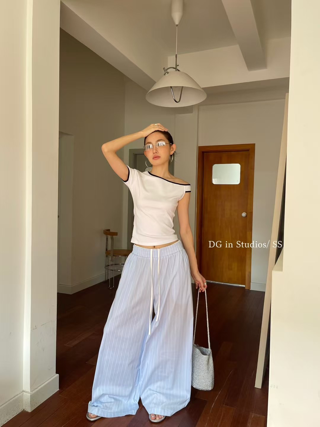 【DG】韩系简约百搭时尚条横抽绳拼接松紧腰休闲裤9396