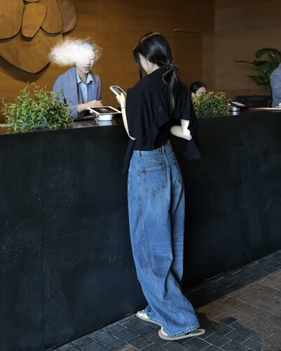 D韩系复古水洗做旧牛仔裤女宽松显瘦侧边设计感百搭直筒阔腿裤