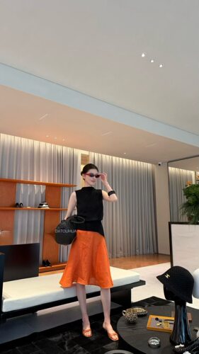 D韩系法式橘色亚麻高腰A字中长裙显瘦透气气质百搭显瘦时尚半裙