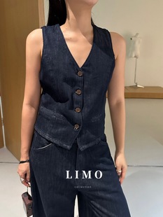 秋上新 極簡百搭老錢風復古丹寧牛仔原牛色馬甲 5863 LIMO