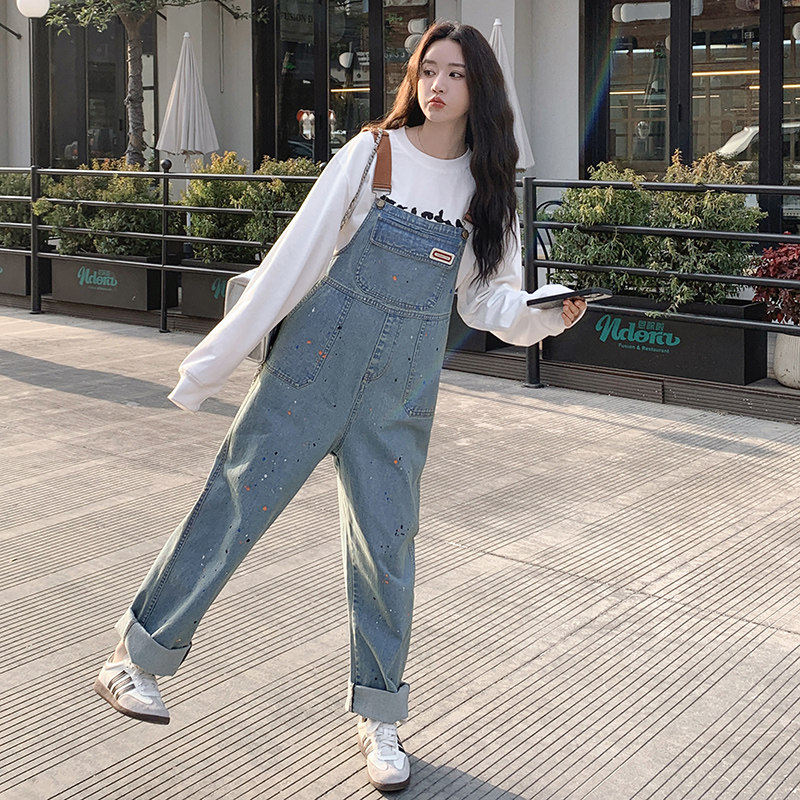 蓝色复古牛仔背带裤女2025春秋新款韩版设计感高腰显瘦直筒连体裤,女装牛仔裤,浙宝287