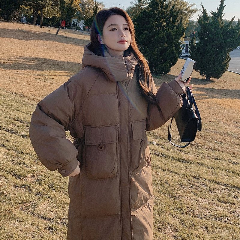 韩版中长款过膝连帽羽绒服女2025冬季新款加厚显瘦保暖白鸭绒外套,女装羽绒服,浙宝287