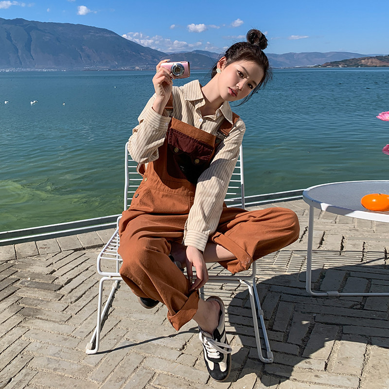 橘色工装背带裤女2025春秋新款韩版小个子复古时尚减龄阔腿连体裤,女装牛仔裤,浙宝287