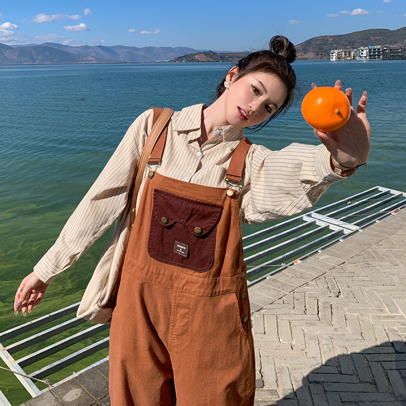 橘色工装背带裤女2025春秋新款韩版小个子复古时尚减龄阔腿连体裤,女装牛仔裤,浙宝287