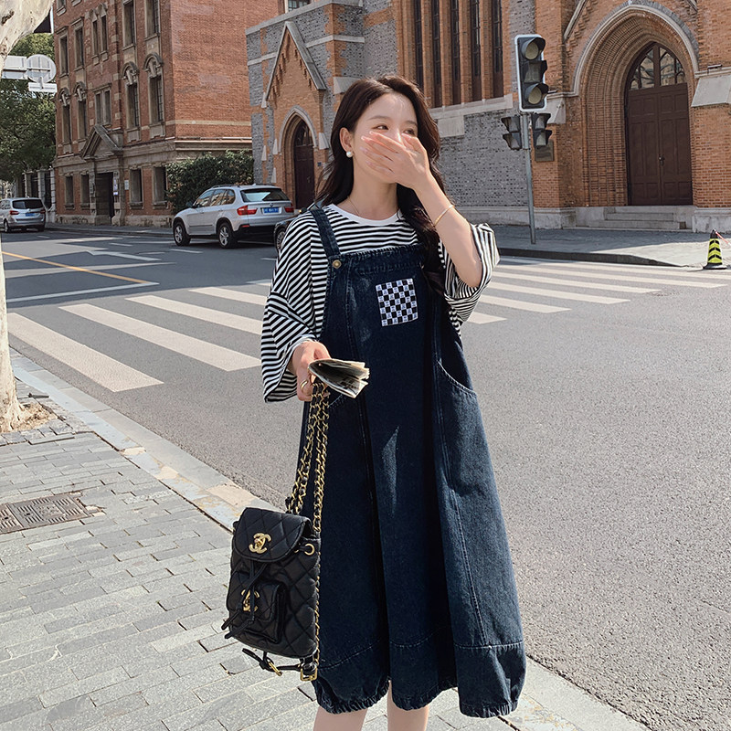 韩版减龄灯笼牛仔背带长裙套装女2025夏季新款显瘦条纹T恤两件套,女装连衣裙,浙宝287