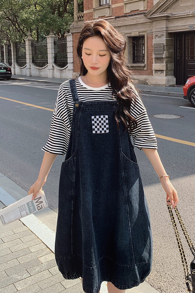 韩版减龄灯笼牛仔背带长裙套装女2025夏季新款显瘦条纹T恤两件套,女装连衣裙,浙宝287