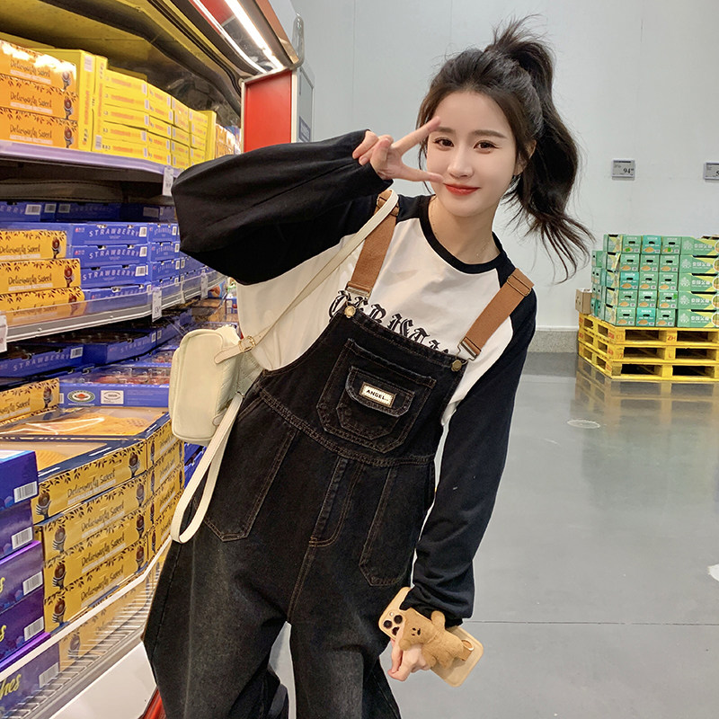 时尚减龄牛仔背带裤女2024春秋新款宽松显瘦百搭工装阔腿连体裤子,女装牛仔裤,浙宝287