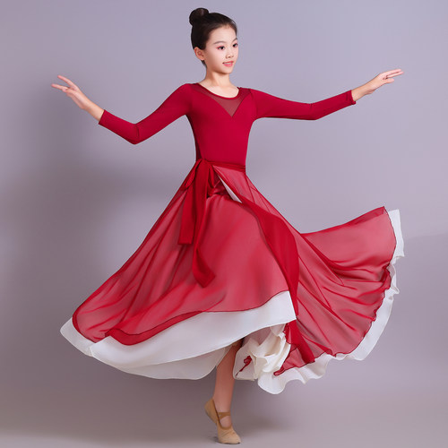新款儿童光亮舞蹈服古典舞艺考大摆裙演出服红色飘逸开场舞表演服