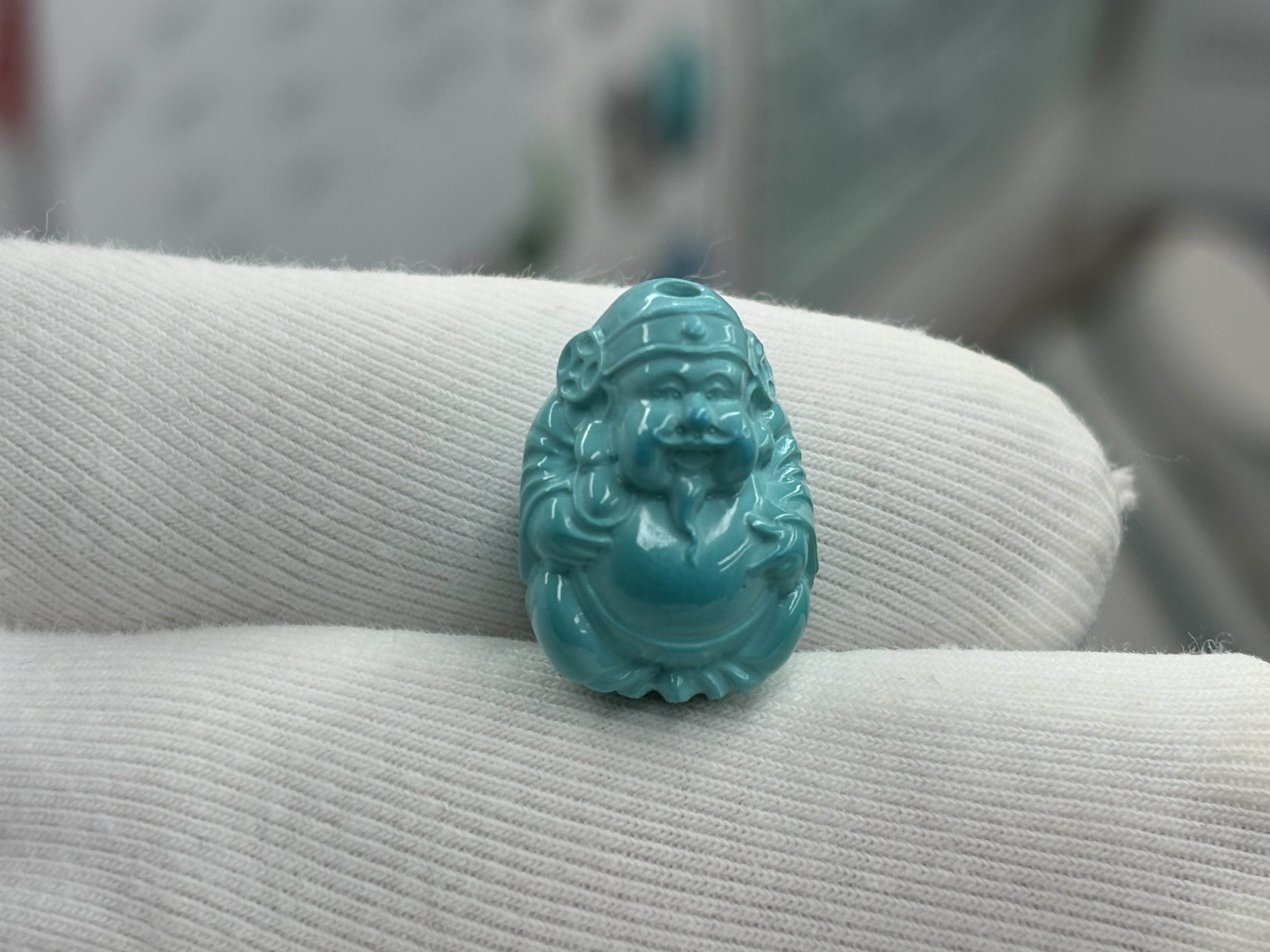湖北原矿高瓷绿松石财神爷背云吊坠