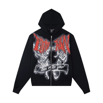 欧美MIXED EMOTION复古印花烫钻字母连帽卫衣高街男女休闲外套