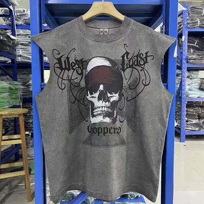 骷髅印花水洗做旧无袖T恤宽松