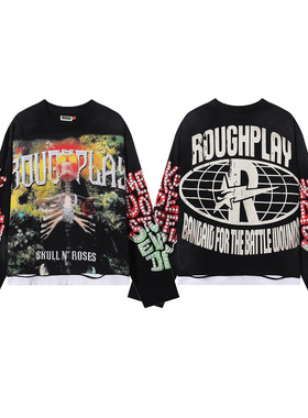 RoughPlay美式嘻哈风骷髅发泡印花长袖T恤男女复古做旧宽松上衣潮