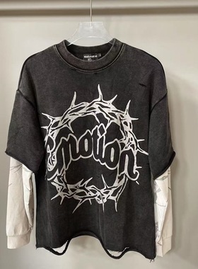 MIXED EMOTION美潮高街水洗做旧宽松休闲拼接假两件男女长袖卫衣