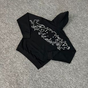 秋冬美式 街头Arte跑步小人印花毛圈连帽卫衣男女宽松休闲百搭帽衫