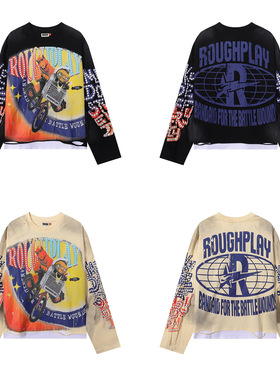 ROUGHPLAY卡通动漫做旧破洞假两件潮牌上衣男女宽松印花长袖T恤衫