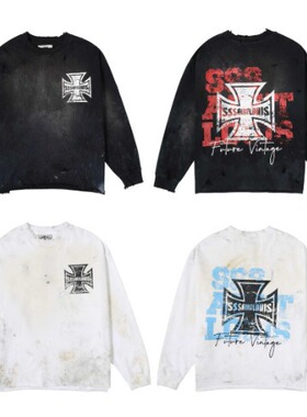 美式高街Sssaint Louis做脏破坏长袖T恤街头十字星情侣上衣潮
