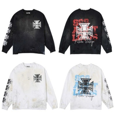 美式高街Sssaint Louis做脏破坏长袖T恤街头十字星情侣上衣潮