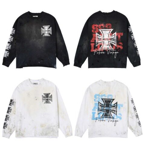 美式高街Sssaint Louis做脏破坏长袖T恤街头十字星情侣上衣潮