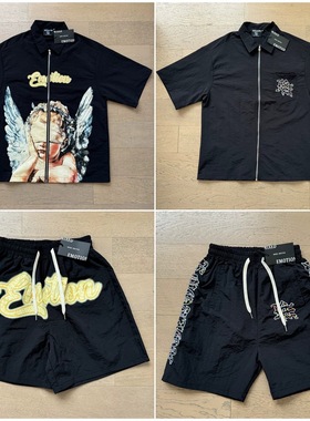 MIXED EMOTION高街字母印花钉钻梭织短袖衬衫休闲短裤男女套装潮