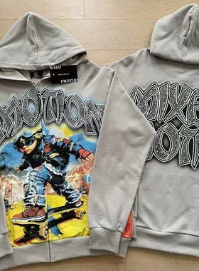 美潮 MIXED EMOTION滑板小孩烫钻字母印花高街宽松开衫连帽外套潮