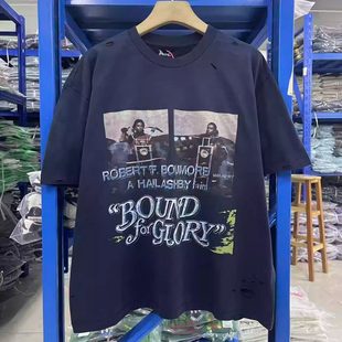 Paly Hollywood街头休闲风破洞短袖T恤男女宽松圆领洗水做旧上衣