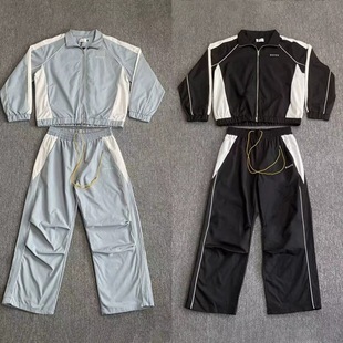 Rhude美潮街头刺绣字母拼接撞色立领风衣夹克情侣休闲长裤 套装