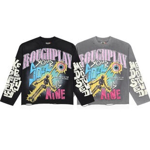 RoughPlay美式街头骷髅印花洗水破洞烫钻字母男女宽松休闲长袖T恤