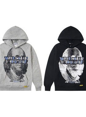 跨境Trapstar美式街头嘻哈人像字母印花宽松男女情侣加绒连帽卫衣