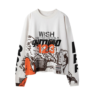 RRR-123人像标语字印花重磅做旧男女情侣宽松休闲长袖T恤潮
