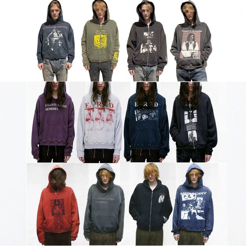 erd忧郁的富二代FW25拉链连帽印花落肩袖卫衣水洗做旧美式复古潮