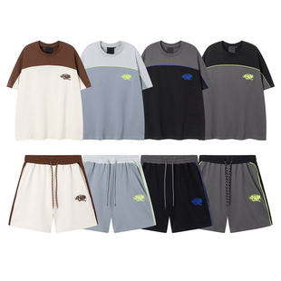 跨境Drill SynaWorld刺绣字母潮拼色短袖T恤休闲运动短裤套装